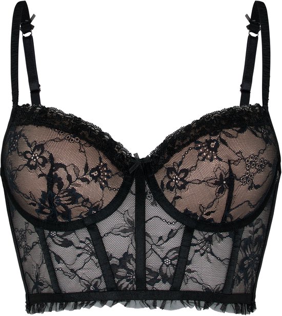 Soutien-gorge longline noir en dentelle avec fond beige et volants.