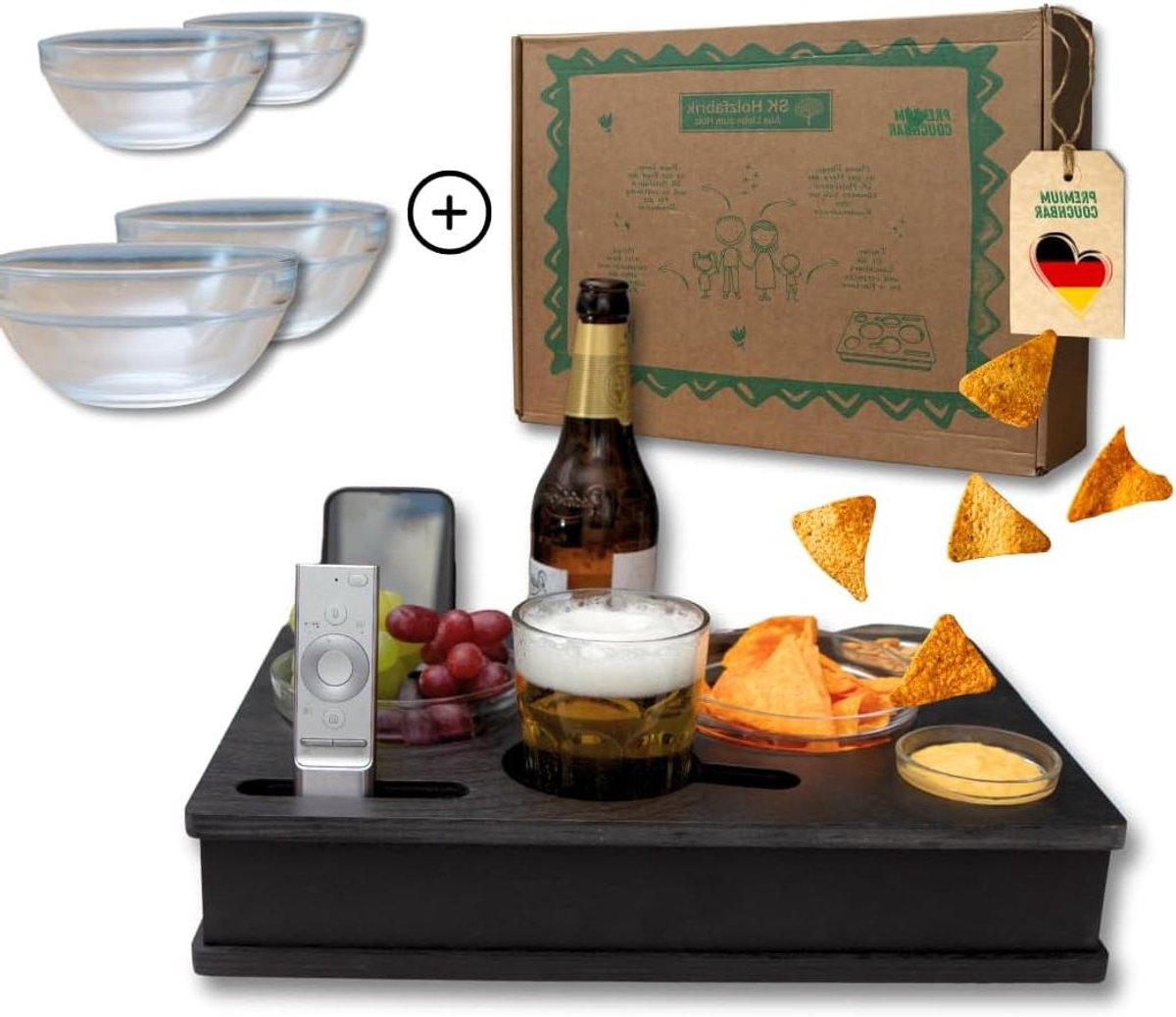 Zitbankkast met schalen - Bank butler snackbox - Comfort op de bank - Handgemaakt berkenhout - 4 glazen schalen - Zwart