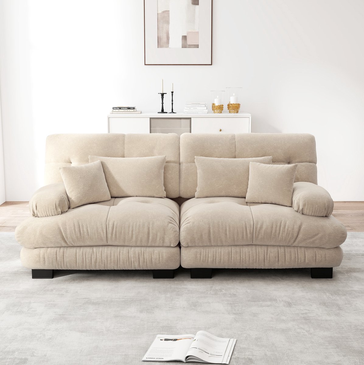 COVREO Hoekbank 220 x 77 x 81 cm - lichtkoffie chenille, 2-zits, met 2 lendenkussens Lichtbruin