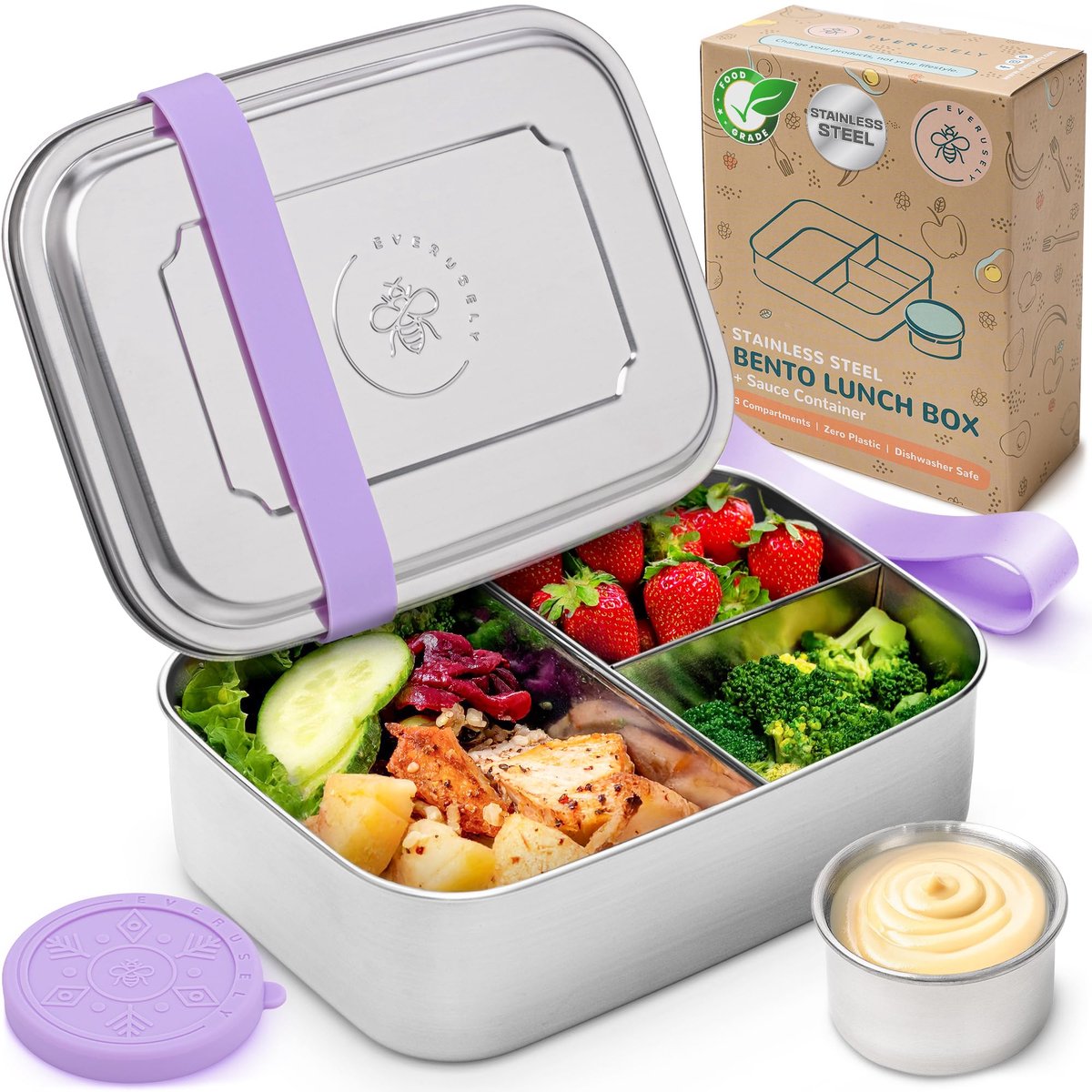 SnelShoppen - Bento Box - Grote RVS Lunchbox 1,4 L met 3-vaks Snackcontainer en Lekvrije Sauscontainer - Lavendel Kleur voor School, Werk en Picknick