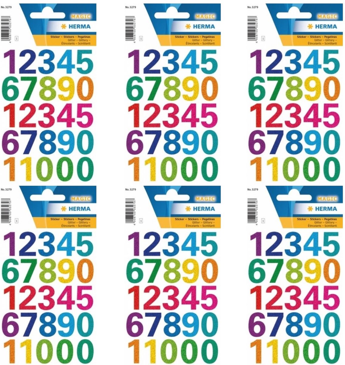 Herma Stickervel nummers glitter - cijfers / getallen - 0 t/m 9 - 6x vellen - gekleurd - 25 mm