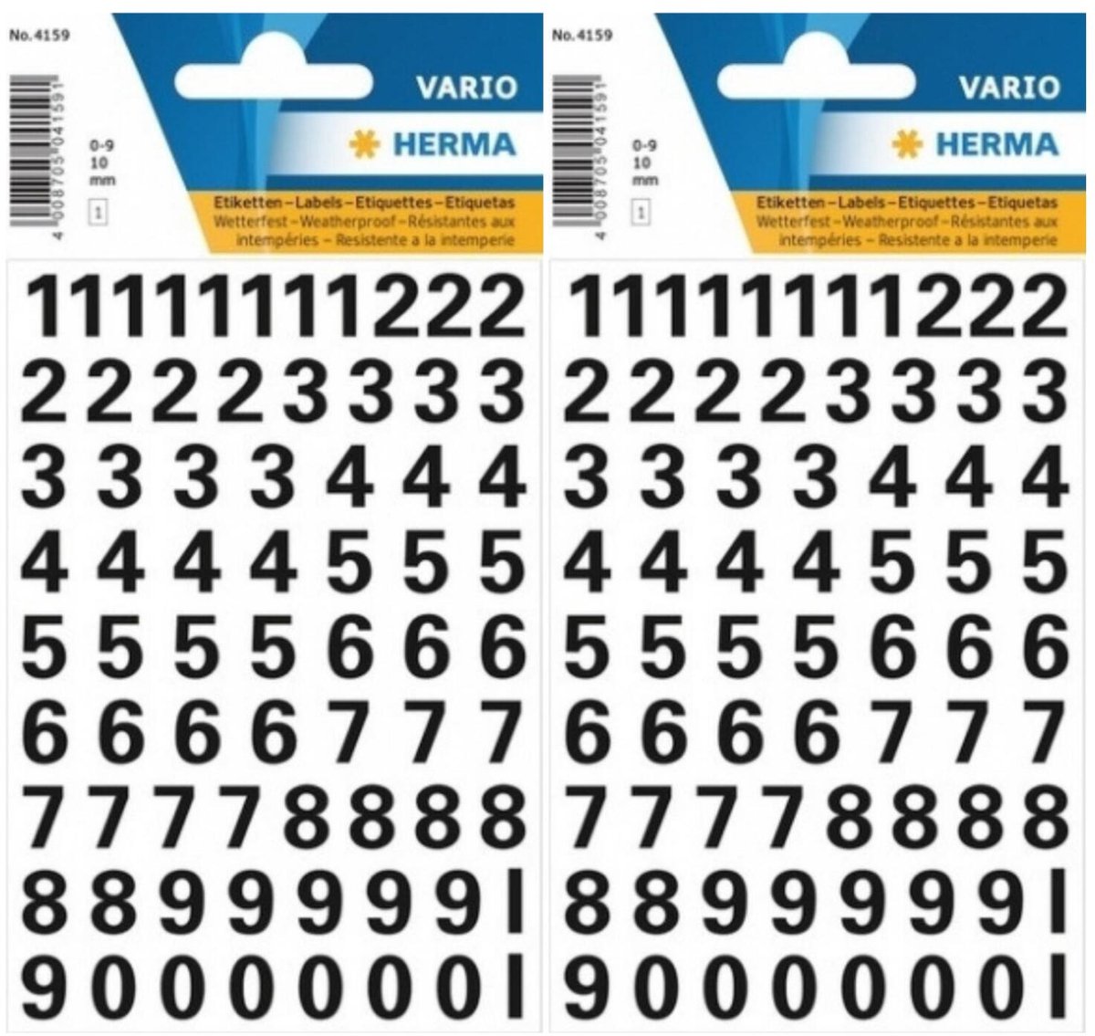 Herma Stickervel - cijfers / getallen - 0 t/m 9 - 2x vellen - zwart - 10 mm - watervast