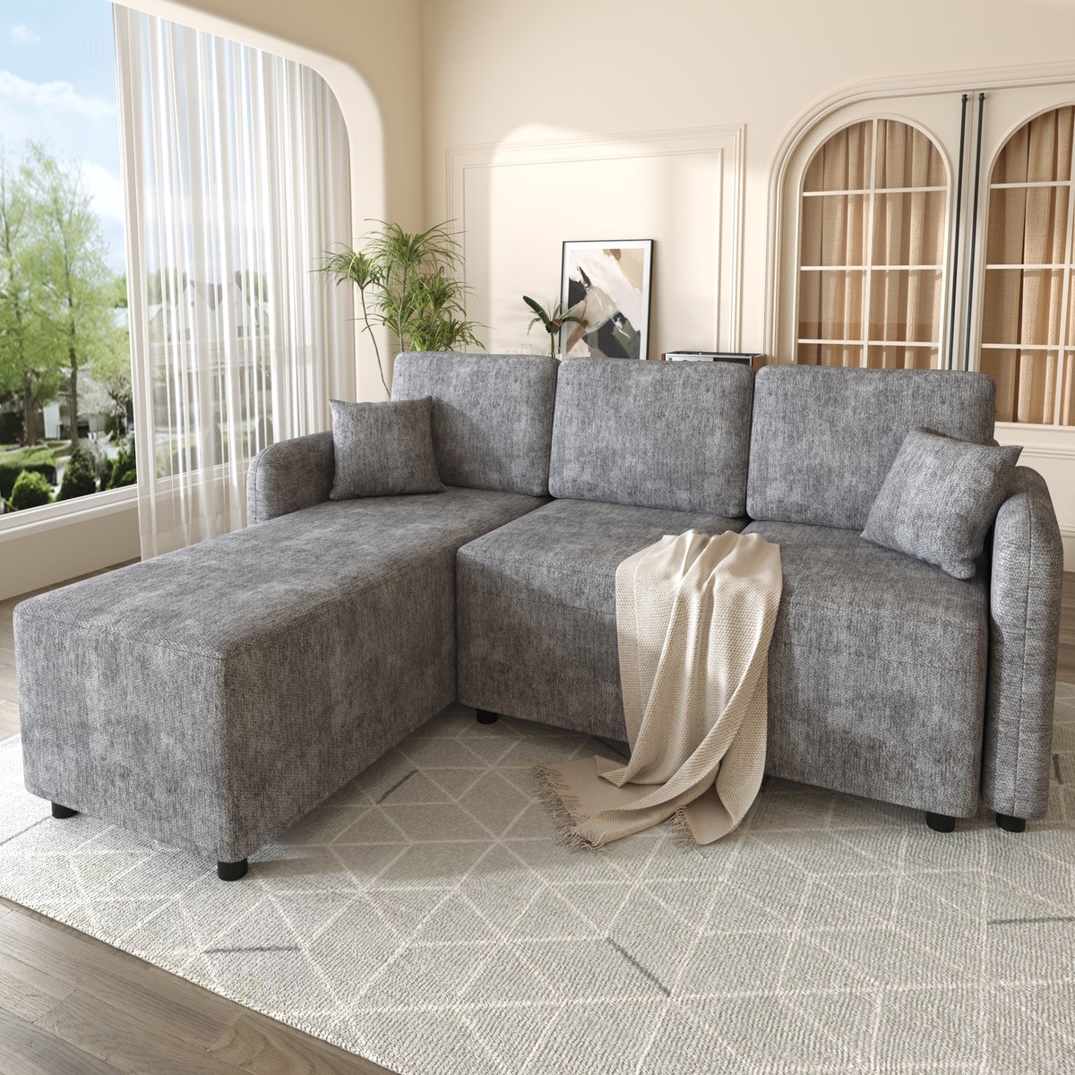 REDOM - Hoekbank - L-vorm met lange ligzijde - Chenille bekleding - 3-zits - Inclusief 2 kussens - Massief houten frame - Grijs - 187,5 x 144 x 85,5 cm