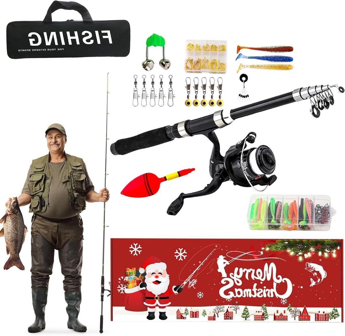 Hengel en Haspel Set - Visuitrusting Combo - Vissen Buiten - Compleet met Accessoires - 1.8 Meter Lengte - Zwart