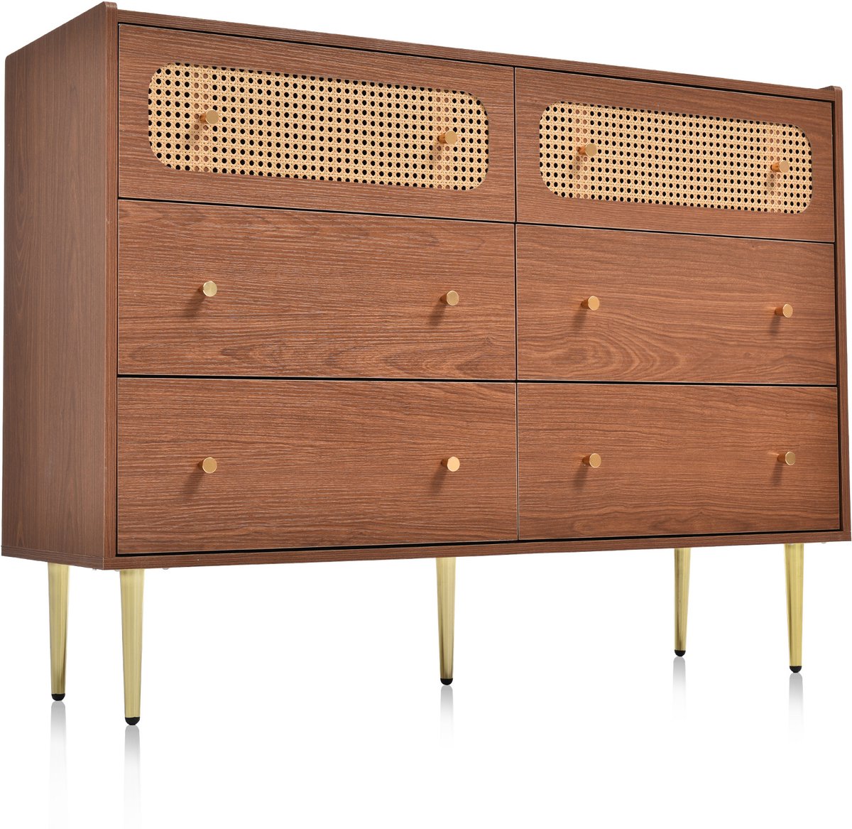 COVREO Kommode met 6 lades - 120x40x90 cm - rattan look - opbergkast voor slaapkamer, woonkamer of hal - walnoot
