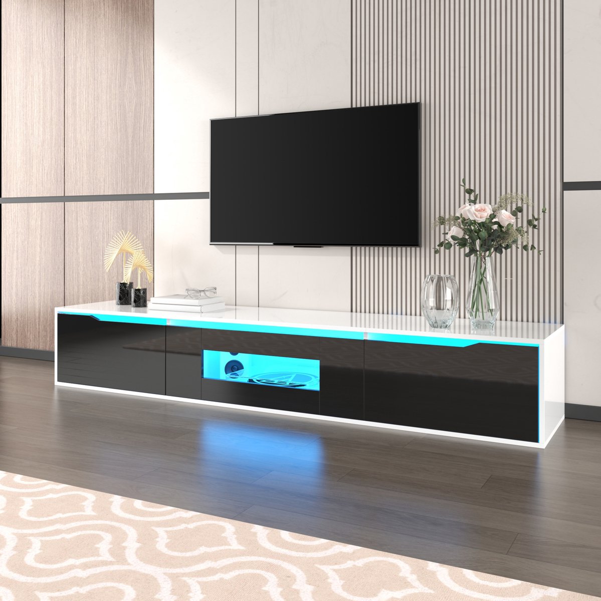 COVREO TV meubel 180x35x30 cm - zwart wit hoogglans met LED-verlichting