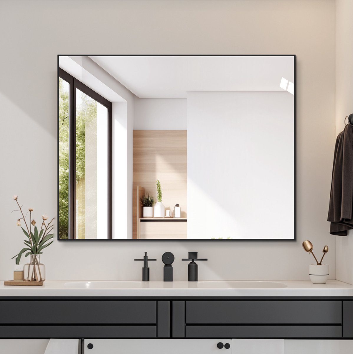 REDOM - Badkamerspiegel - Rechthoekige wandspiegel - Horizontaal en verticaal monteerbaar - Moderne stijl - Voor badkamer, hal en kleedkamer - Aluminium en glas - Zwart - 70 x 90 cm