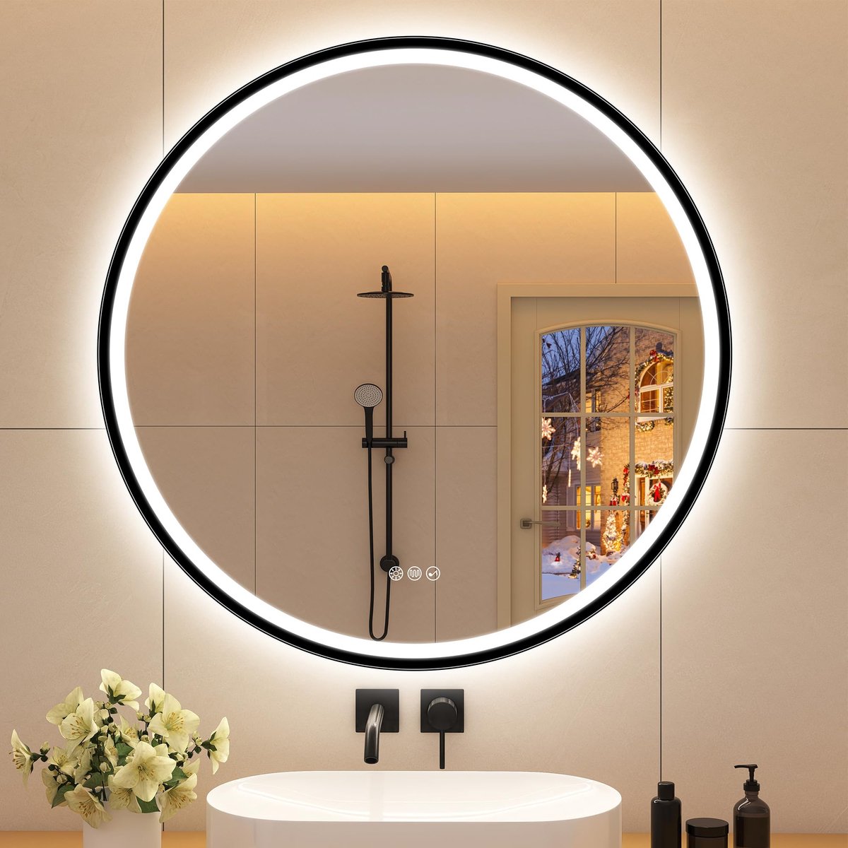 SnelShoppen - Ronde badkamerspiegel met verlichting 90 cm - LED spiegel met Bluetooth, dimbaar, 3 lichtkleuren, ontfogging, IP44 gehard glas, zwart -