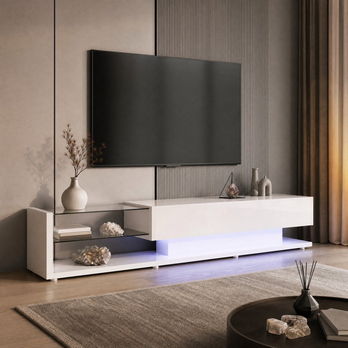 COVREO TV-meubel 170 cm - wit hoogglans, glasplanken, 2 lades en LED-verlichting