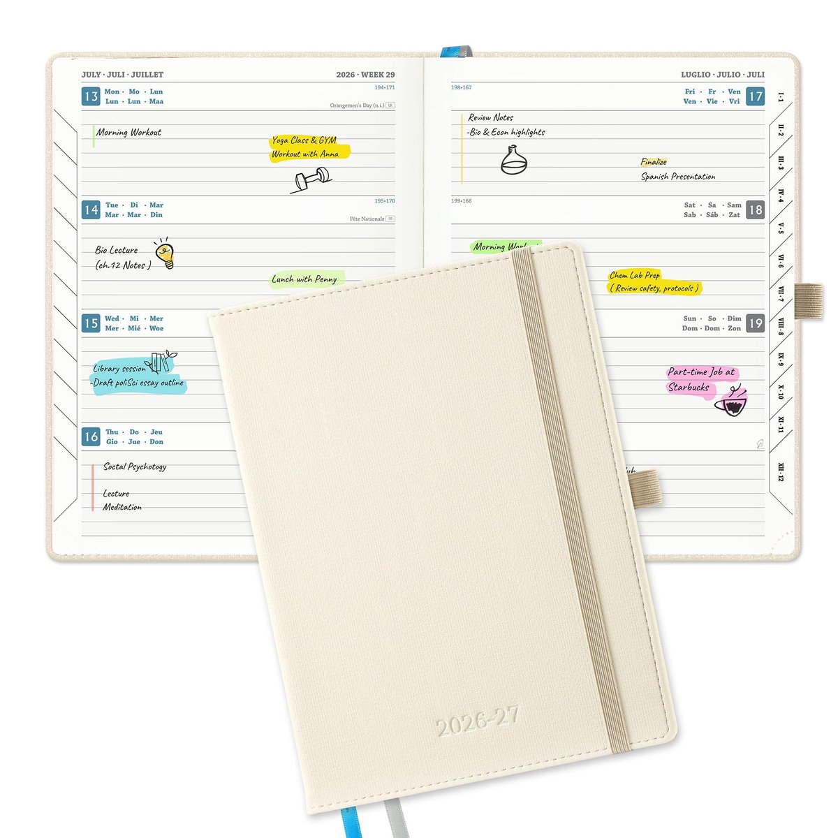 SnelShoppen - Agenda 2026 2027 A5 Weekagenda - Luxe PU-Leren Kaft - Horizontale Weekplanner - Schoolagenda 18 Maanden - Wit - 80 Grams Papier - 21,9 x
