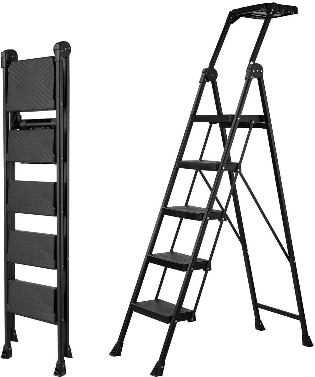 SnelShoppen - 5-traps klapbare ladder met opbergruimte, brede standplaats, handgreep, veiligheidsstaande ladder, staal, tot 300kg, ideaal voor huishou