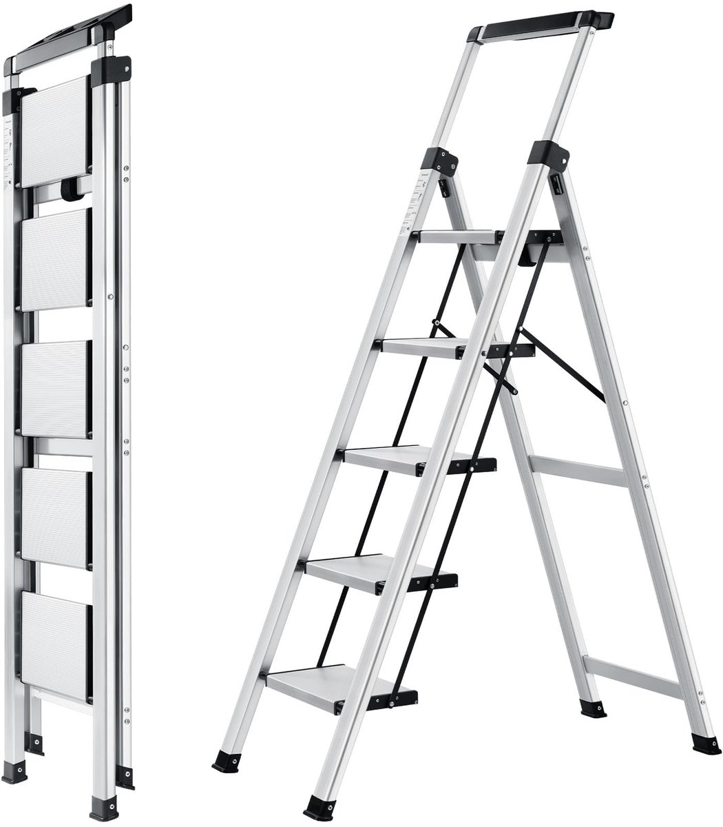 SnelShoppen - Aluminium Trapladder 5 Treden met Leuning en Gereedschapsbak, Antislip Vouwladder, Lichtgewicht en Compact, Belastbaar tot 150kg, Perfec