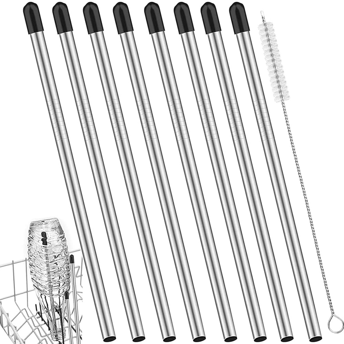 Dailygoods- Fleshouder Vaatwasser - Roestvrij Staal - 8 Stuks - Inclusief Reinigingsborstel - Duurzaam - Antikras Rubberen Beschermkappen - Flesinzet