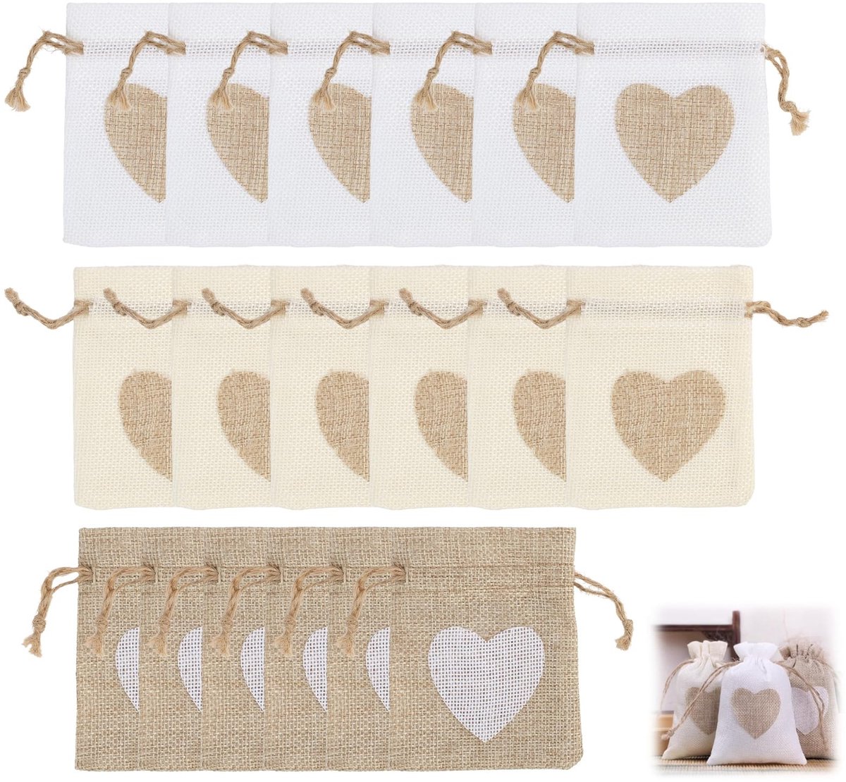 Dailygoods- Jutezakjes 10 x 8 cm - Set van 18 - Herbruikbare Zakjes - Trekkoord - Hartmotief - Milieuvriendelijk - Geschenktasjes