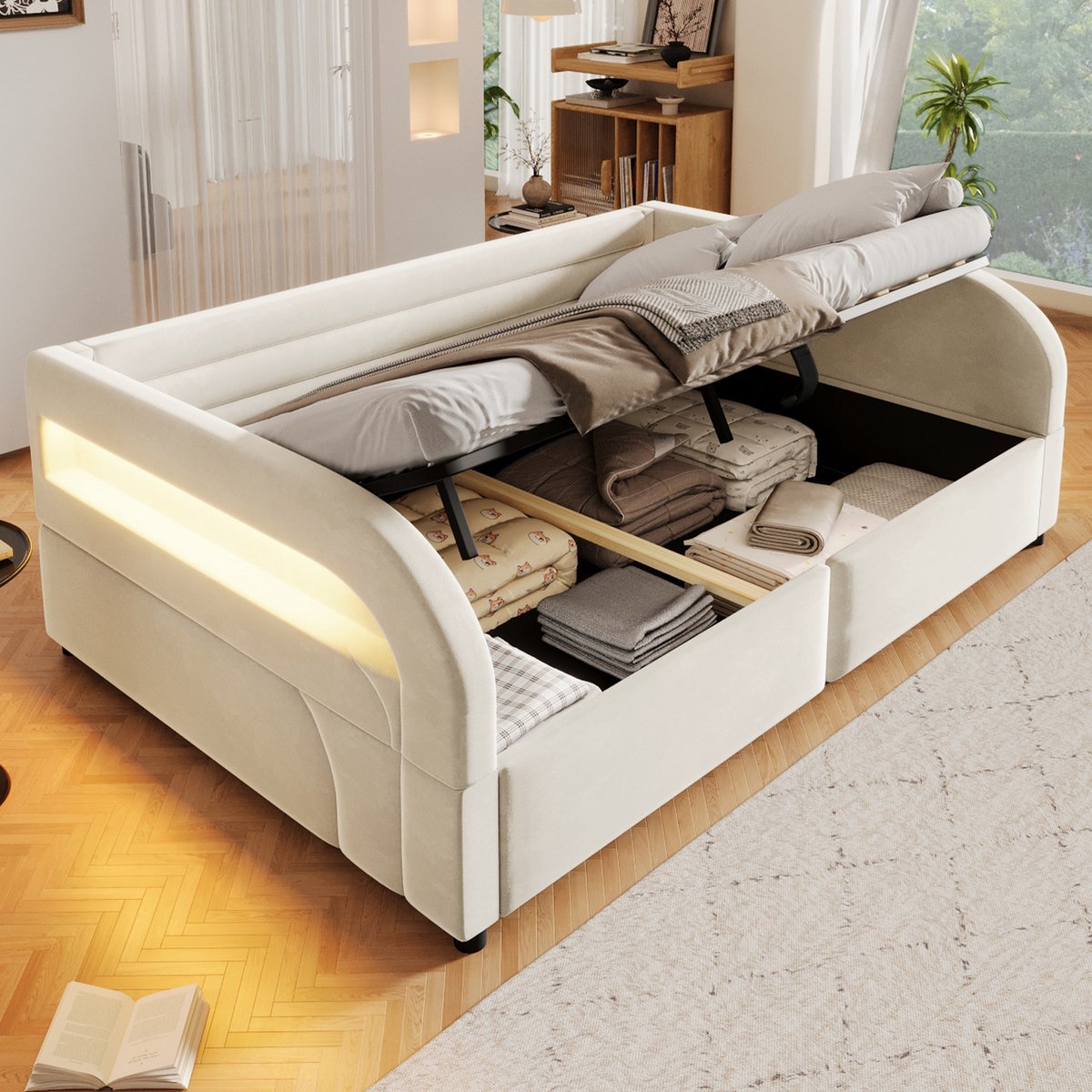 Gestoffeerd Bed 140x200 cm - Beige Bed Met Hydraulische Opbergruimte, LED Verlichting En Zacht Hoofdbord