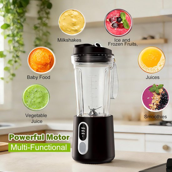 Draadloze Draagbare Blender in Zwart met 4 Mesjes, Inhoud en Complete Accessoireset - Oplaadbaar, voor Smoothies, Sappen & Onderweg — afbeelding 5