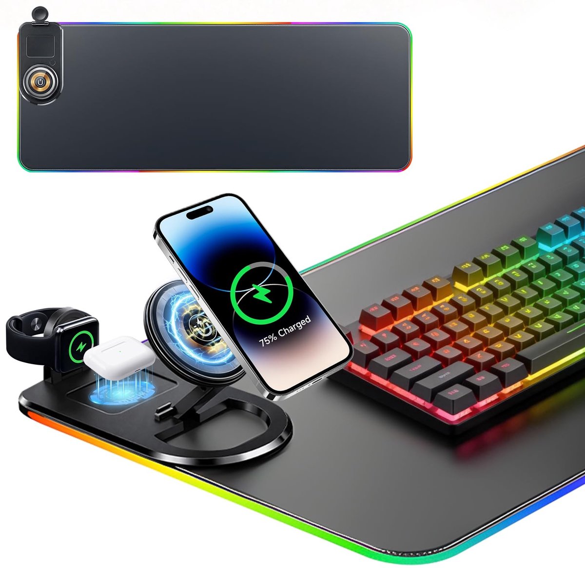 Dailygoods - 3-in-1 RGB Muismat XXL 800 x 300 met Qi-Oplaadfunctie - Gaming en Kantoor Accessoire