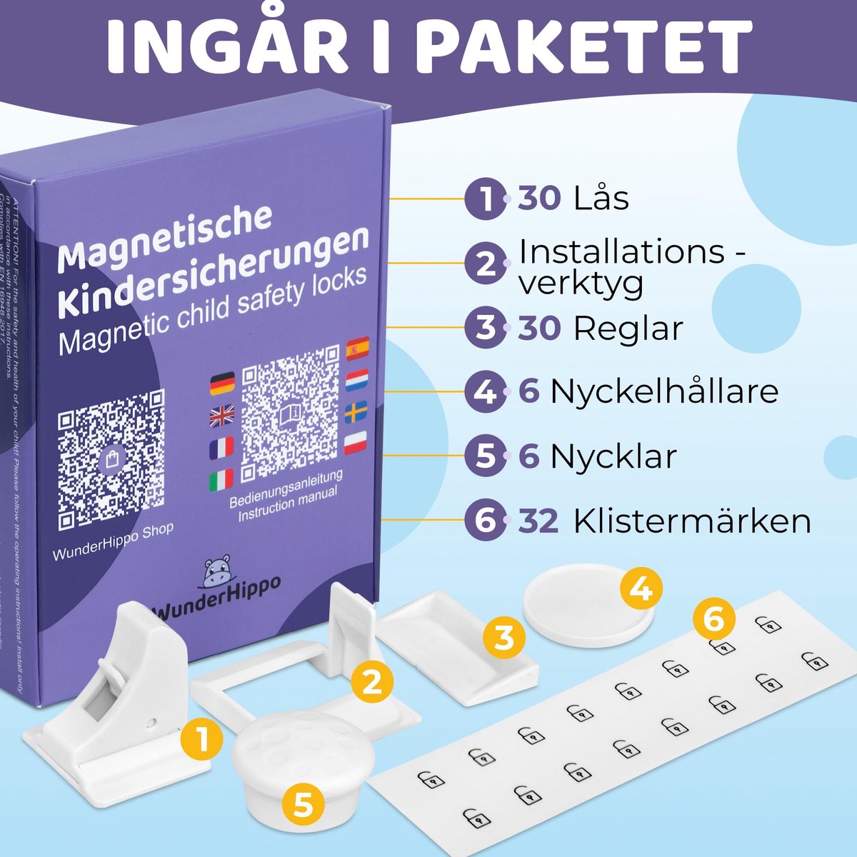 SnelShoppen - Magnetische Kinderbeveiliging - 30 Slotjes & 6 Sleutels - Kinderslot voor Kasten en Lades - Baby Proofing voor Keuken, Wit