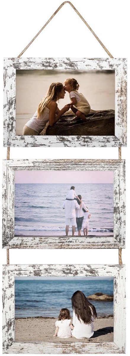 SnelShoppen - Drieling fotocollage 13x18 cm - Set van 3 houten fotolijstjes vintage wit - Wanddecoratie voor portretfoto's en ansichtkaarten - Landeli