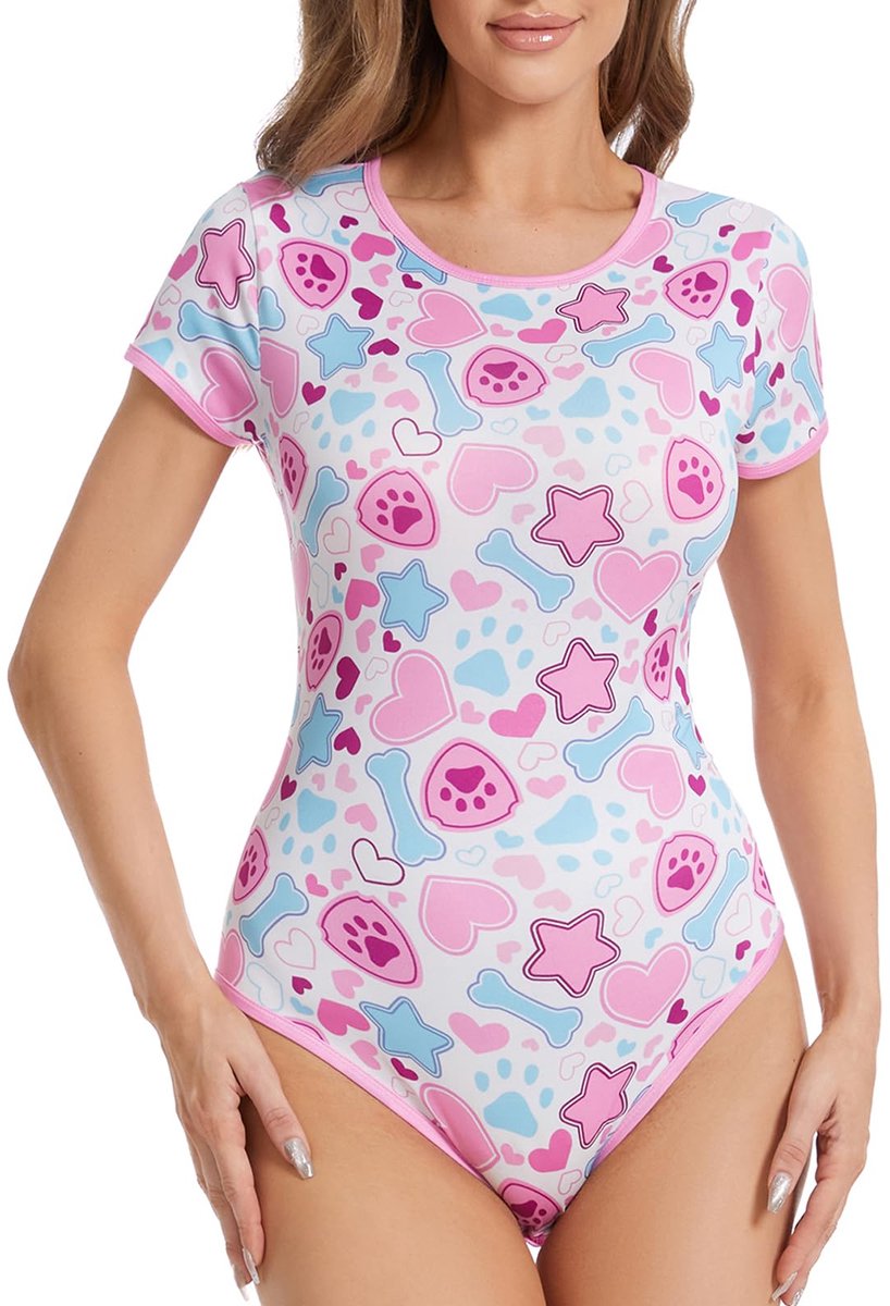 SnelShoppen - Somniumnight Rompertje voor Volwassenen Vrouwen - Schattige Rekbare Kawaii Pyjama met Klikkruis - Zachte Pasvorm, Wit, Maat L, Perfect a