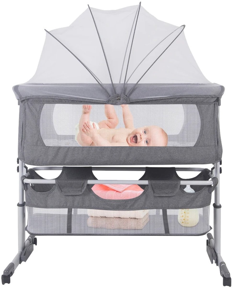 ITRONIQ Co-Sleeper Babybed 3-in-1 - Aanschuifbedje & Reisbed Met Muskietennet - 6 Hoogtes Verstelbaar - Schommelfunctie - Grijs