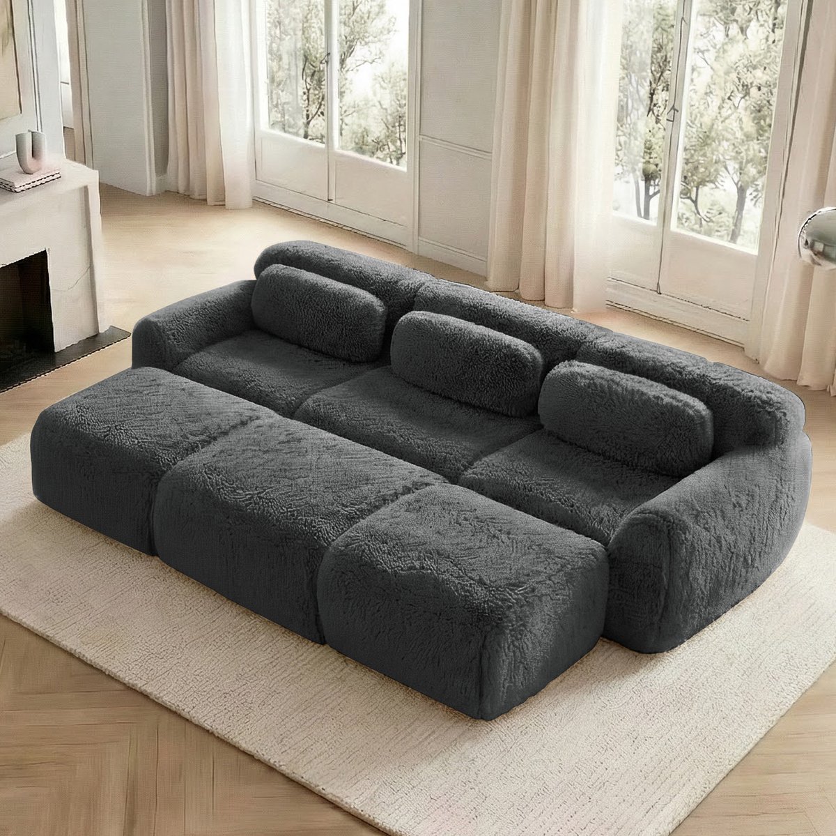 COVREO Modulaire slaapbank 291 x 179 x 73 cm - grijs pluche, 3 ottomans, 3-zits