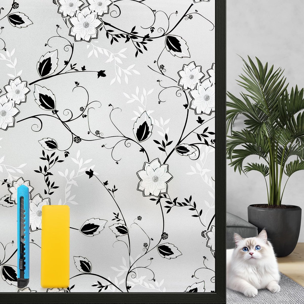 SnelShoppen - Zindoo Raamfolie Zwart-Wit Kersenbloesem, Ondoorzichtig 59,5 x 400 cm, Zelfklevend, UV-Bescherming, Inkijkbescherming voor Badkamer en W