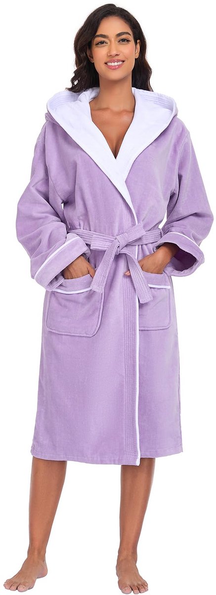 SnelShoppen - Badjas Dames Badstof met Capuchon - 100% Katoen Velours Ochtendjas - Lavende