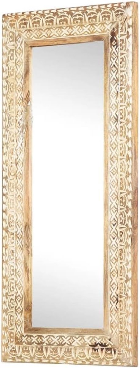 Houten Wandspiegel - Decoratieve Spiegel - Woonkamer Decoratie - Handgesneden Patroon - 110 x 50 cm - Natuurlijk Mangohout