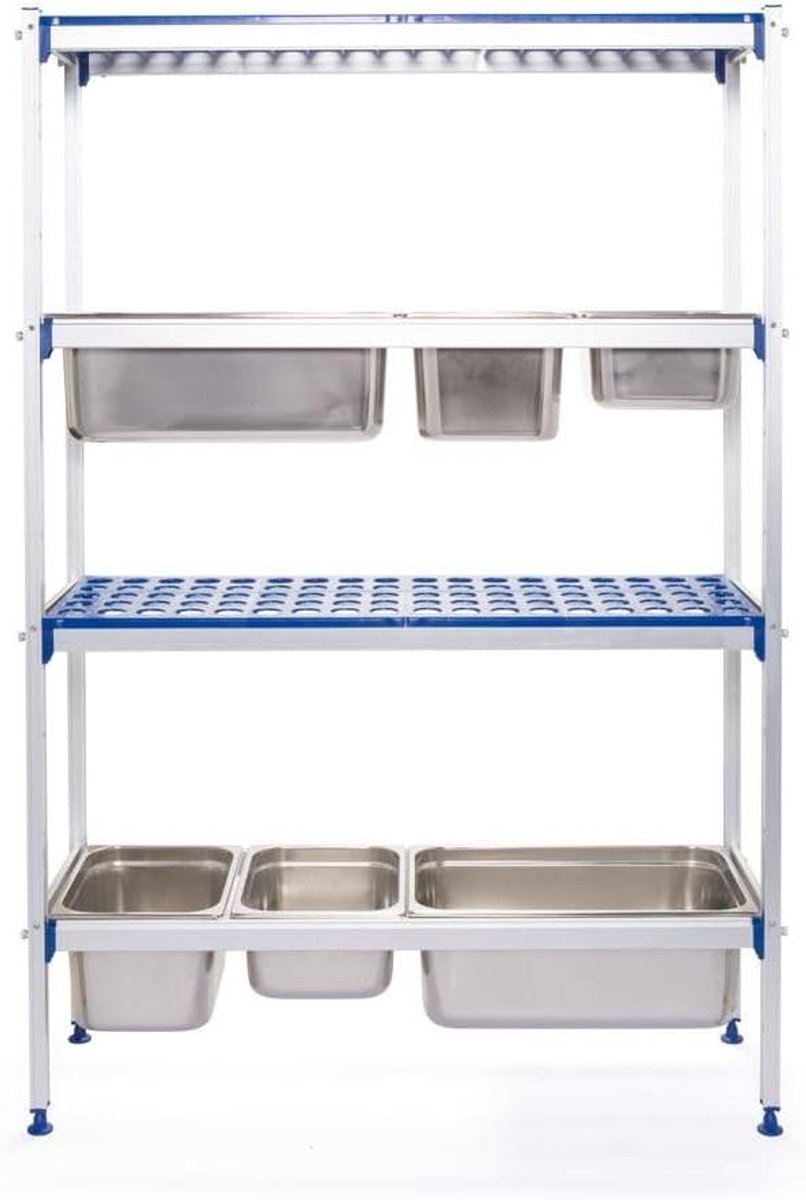 Opbergrek Aluminium - Stellingkast Industrieel - Voedsel Opslag - Verstelbare Planken - 1120x355x1685mm - Aluminium