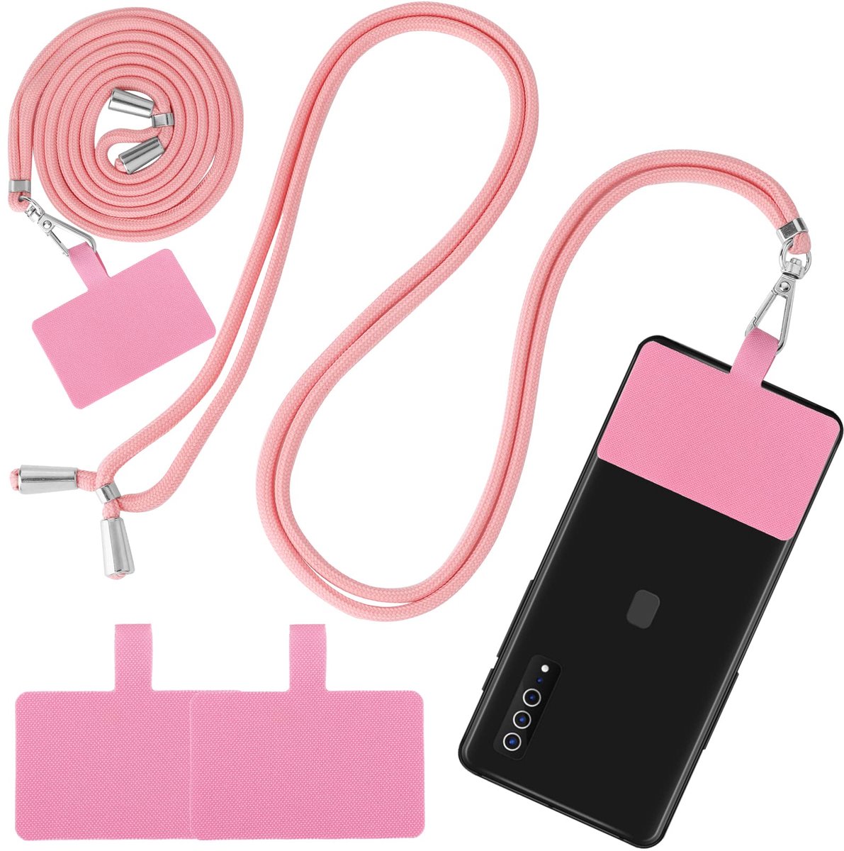 Dailygoods - Verstelbare Telefoon Lanyard - Universele Nylon Nekstrap met Telefoon Patches (Roze)