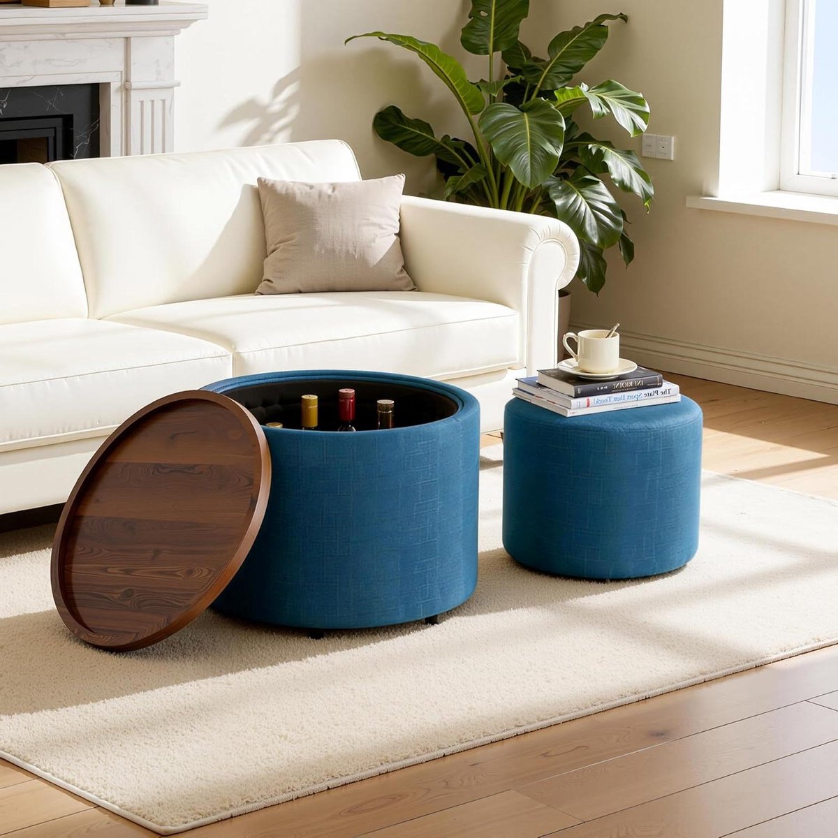 Opbergkruk Set - Voetenbank Hocker - Woonkamer Organisatie - 4-in-1 Multifunctioneel - 2 stuks 58 cm - Blauw Linnen