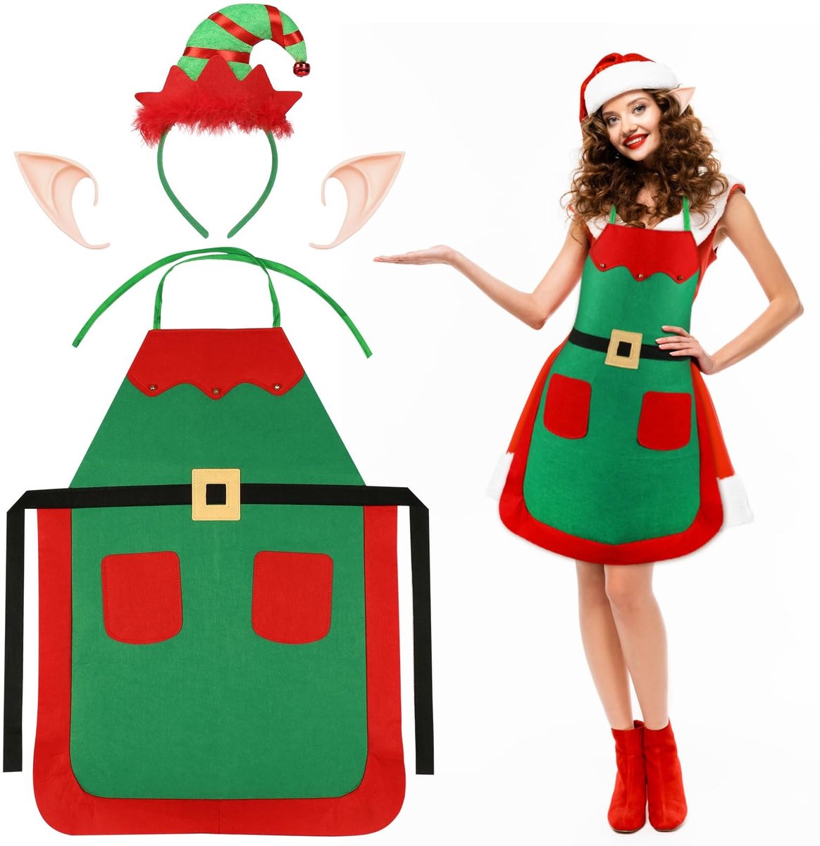Dailygoods - 3 Stuks Kerst Schort Set - Elf Schort met Hoofdband en Oren