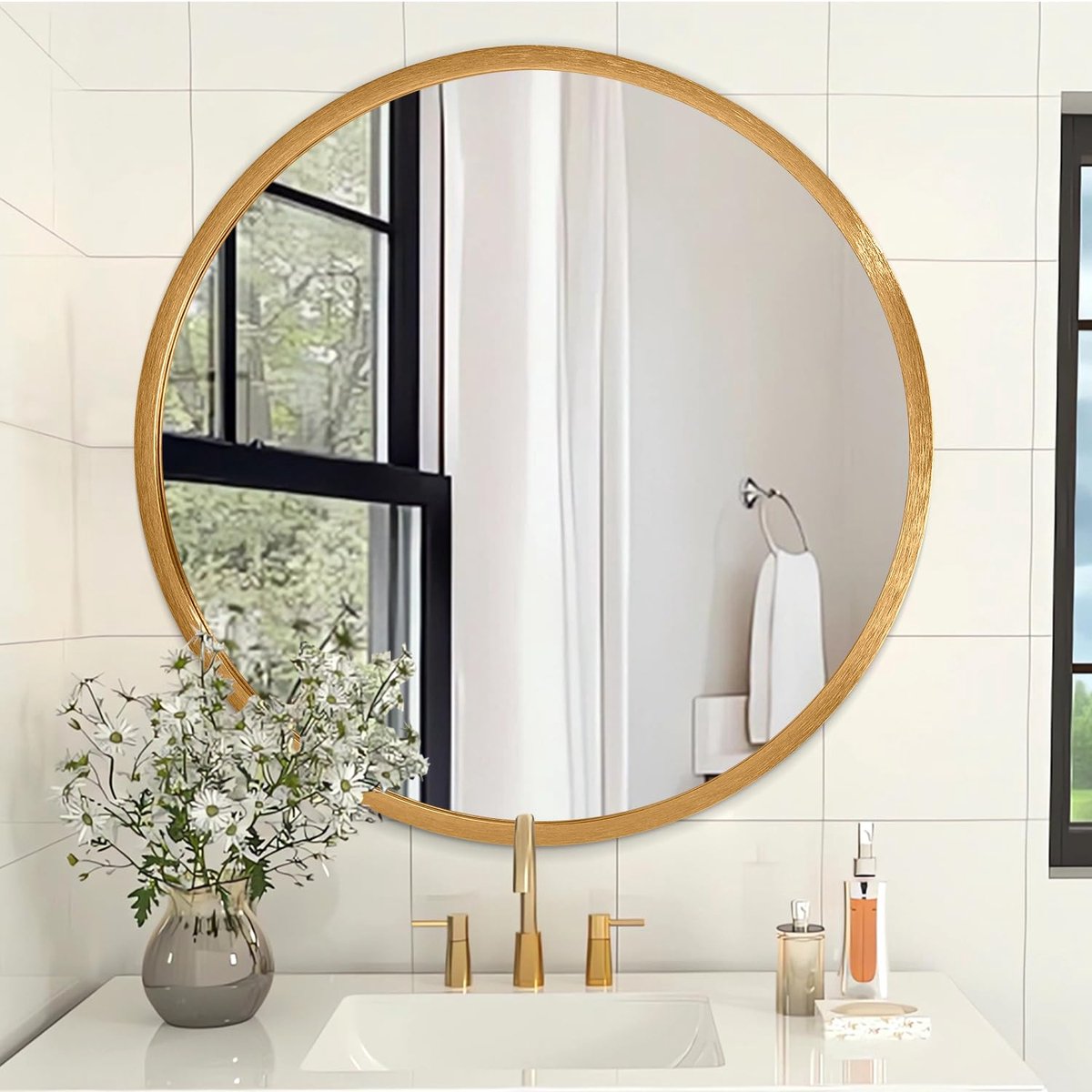 SnelShoppen - Kleine Matte Ronde Spiegel voor Muur - Gouden Make-upspiegel voor Badkamer, Entree, Woonkamer, Hal en Slaapkamer - Decoratieve Wandspieg