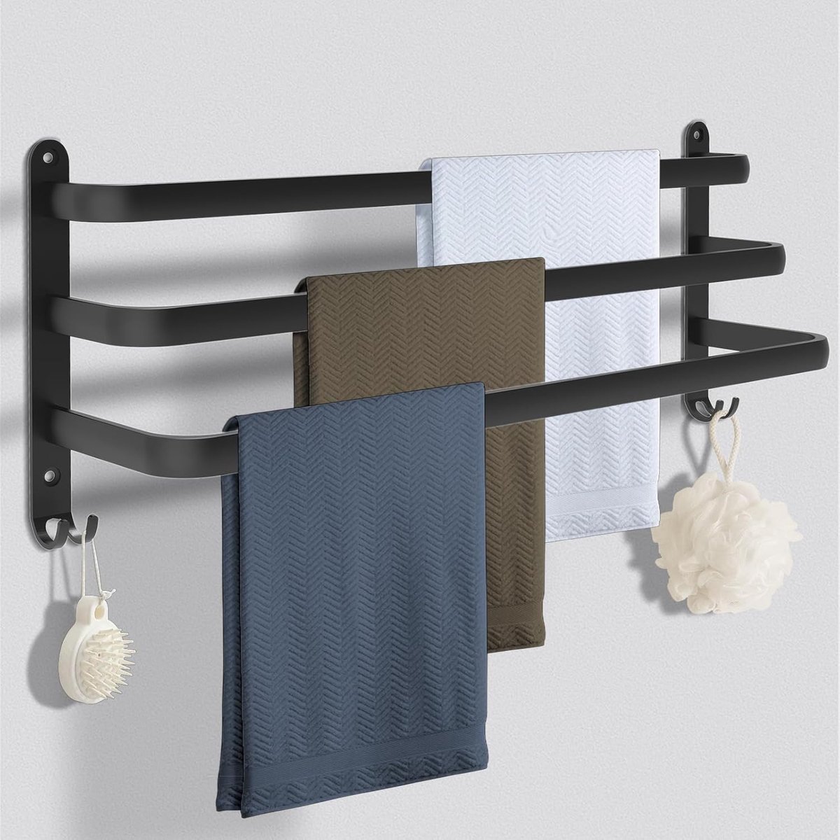 SnelShoppen - Handdoekenrek Zwart 80cm - Handdoekenrek Zonder Boren - Aluminium Wandmontage 3-Laags Handdoekrek met Haken voor Badkamer en Keuken Acce