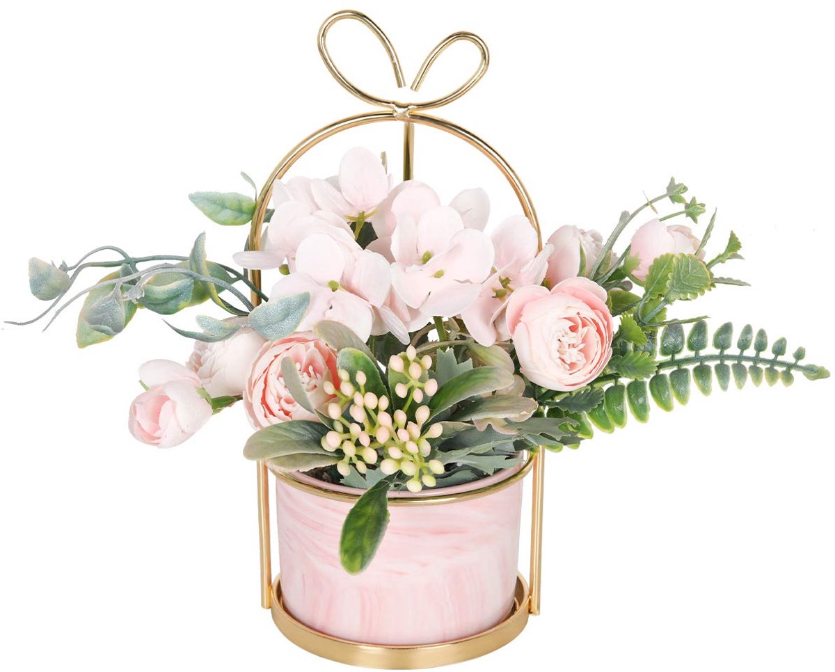 SnelShoppen - Hobyhoon Kunstbloemen in pot - Valse Hortensia - Zijde Bloemen voor Bruiloft, Tafeldecoratie, Woonkamer, Slaapkamer, Kamerdecoratie - Re