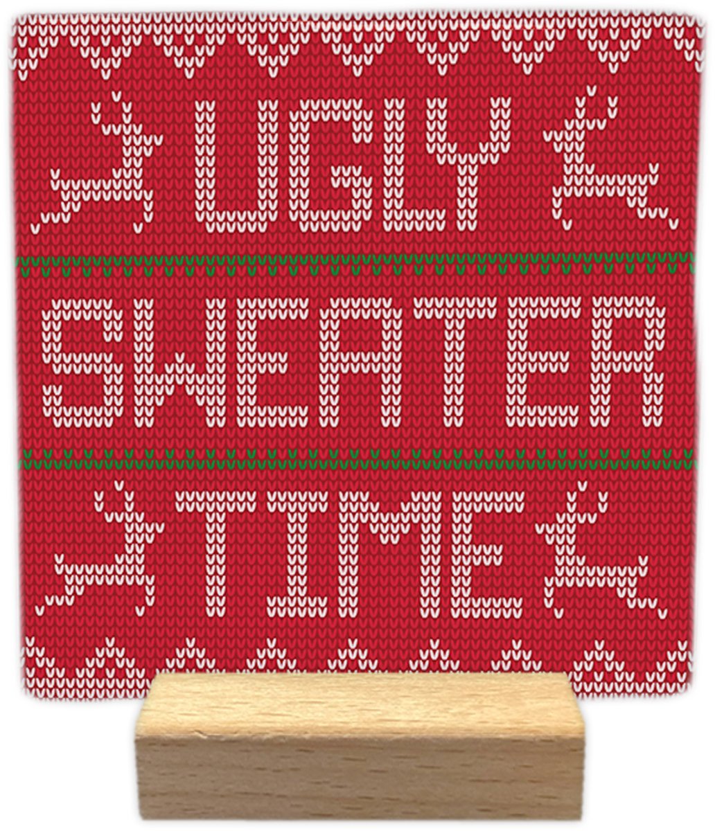 Artige Kerst decoratie tegel met tekst- Ugly sweater time - keramisch - 10x10 cm - inclusief houder Rood