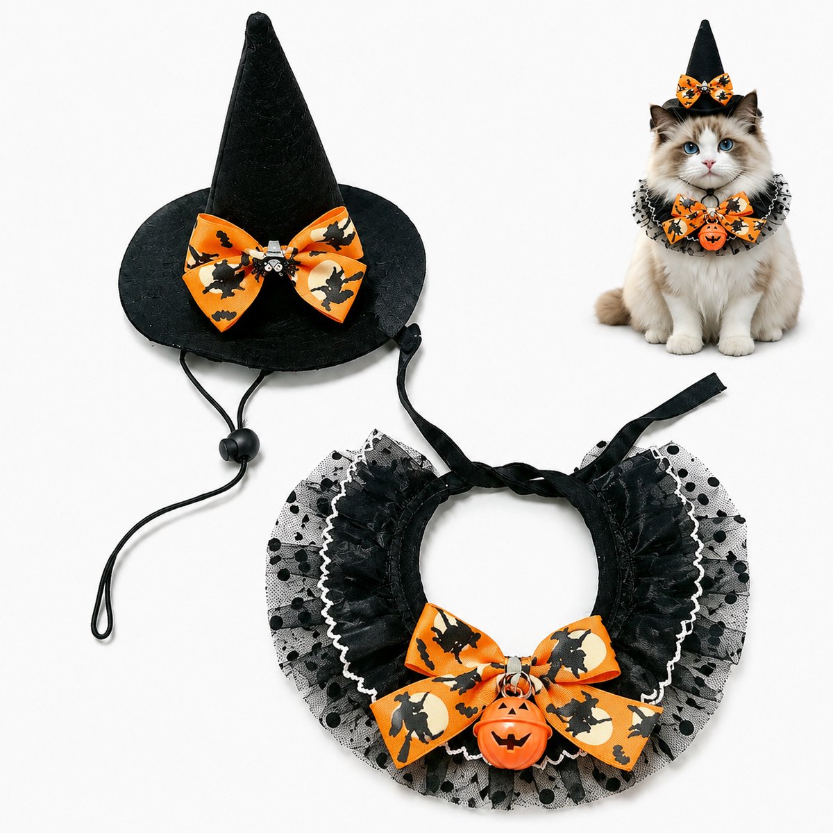 Ryoudavell - Halloween Huisdier Kostuum Set - Heksenhoed en Halskraag met Belletje voor Kat en Hond - Halloween Accessoires en Decoratie voor Huisdieren - Feestelijke Pompoen Kraag en Hoed - Verstelbaar Verkleedpakje Huisdieren - Zwart
