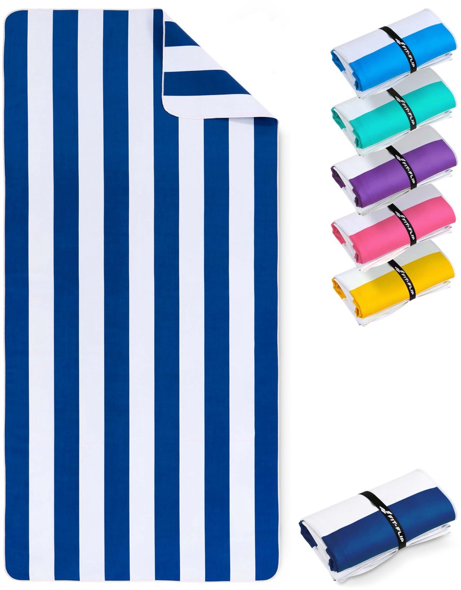 SnelShoppen - Fit-Flip XXL Stranddeken - Grote Microvezel Strandhanddoek - Sneldrogend & Lichtgewicht - 100% Gerecycled - Marineblauw-Wit Gestreept -