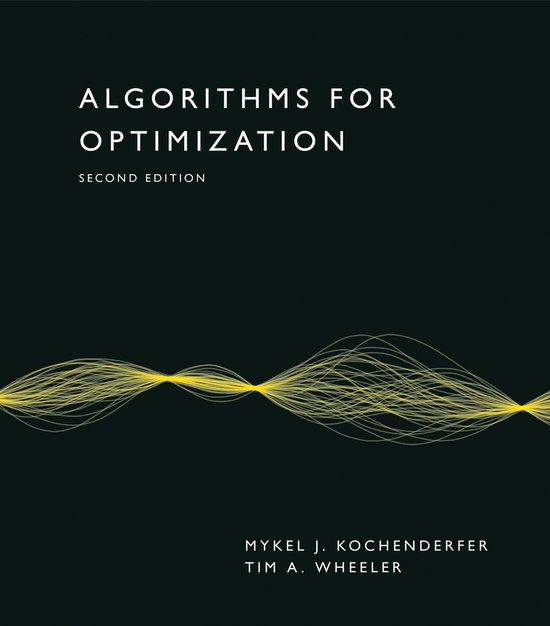 Boekomslag: Algorithms for Optimization, tweede editie, met een abstracte gele golvende lijn op een zwarte achtergrond.
