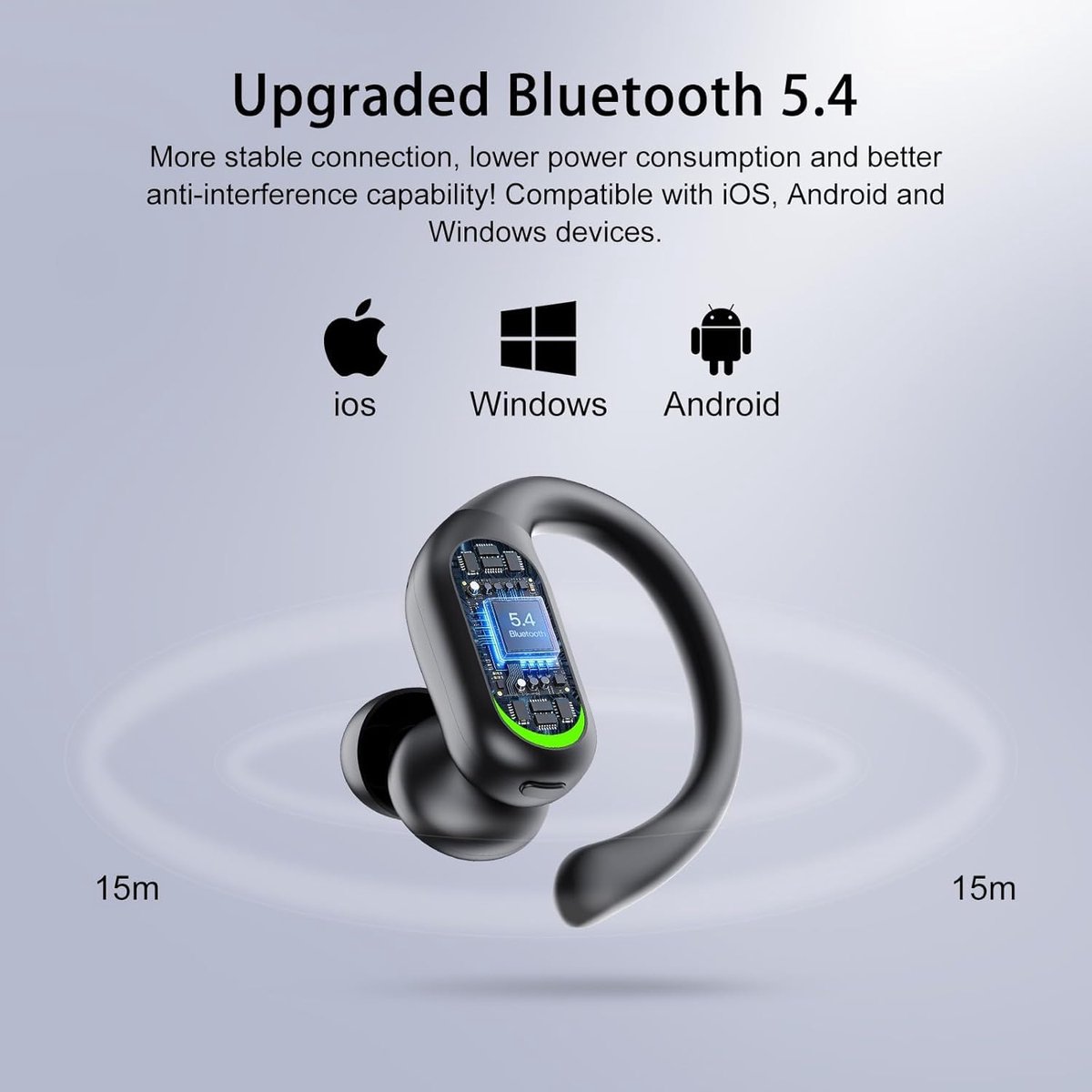 SnelShoppen - Bluetooth hoofdtelefoon sport 5.4 stereo in-ear met 60 uur speeltijd, IPX7 waterdicht, draadloos, led-display, diepe bas, hifi-stereo vo