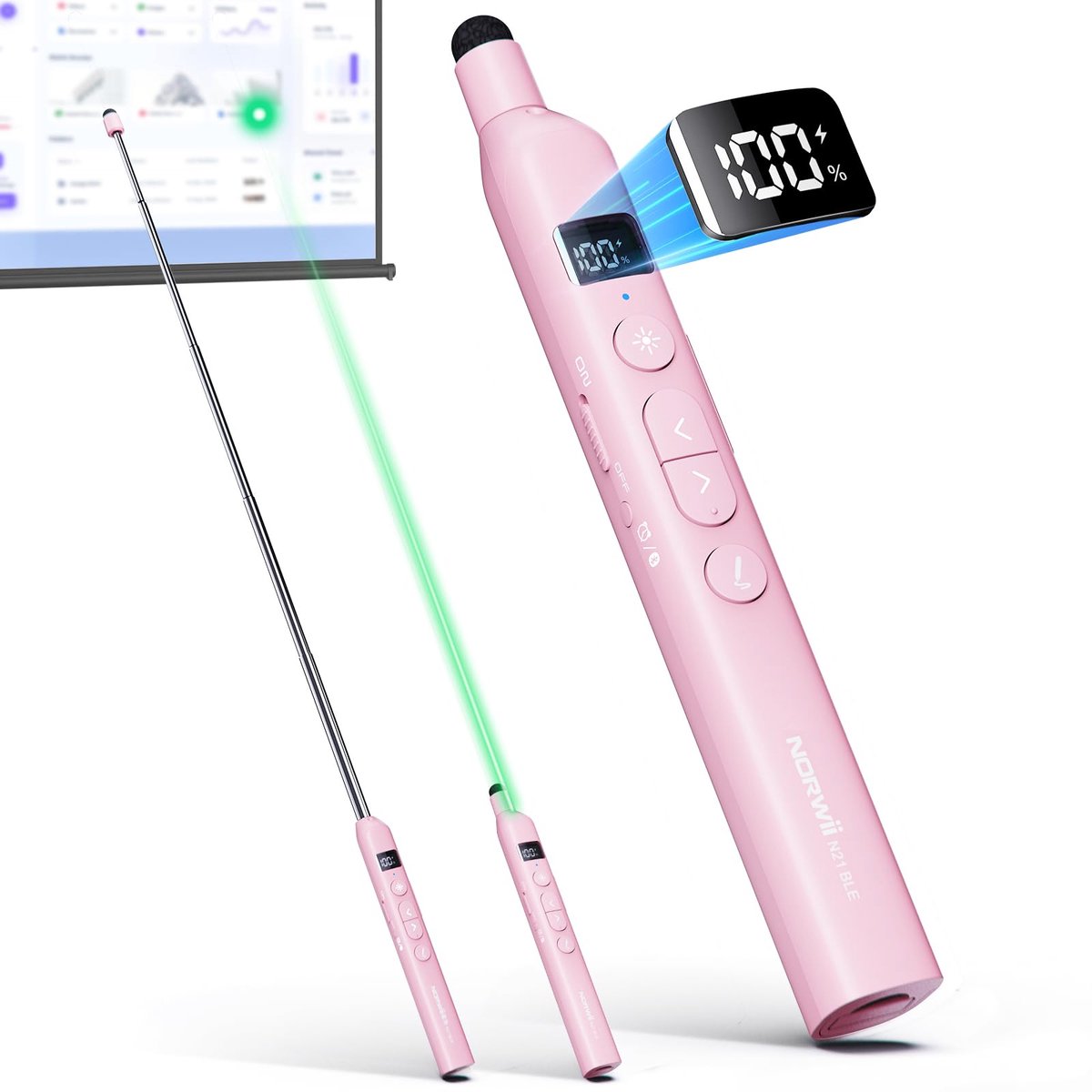 SnelShoppen - Bluetooth Presentatieklicker met Telescopische Onderwijspointer, Draadloze Presentator voor PowerPoint, Uittrekbaar Stokje, Roze, Ideaal