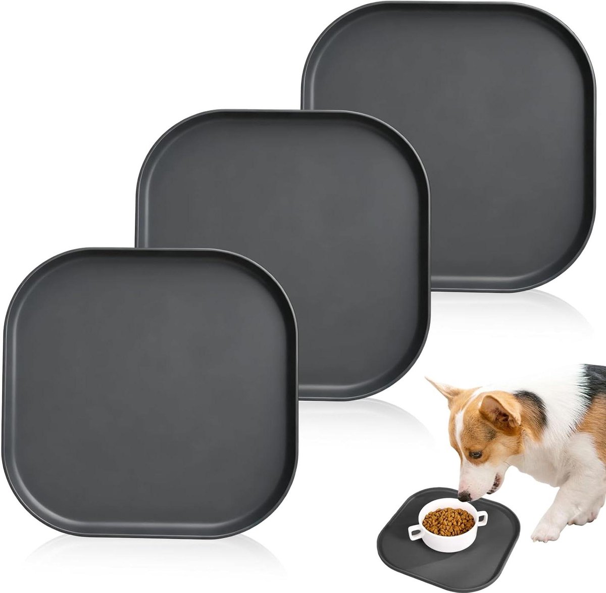 Huisdieren Voermatten Set - Honden Voerbak Mat - Schoon Eten - Antislip Ontwerp - 27 cm x 27 cm - Donkergrijs