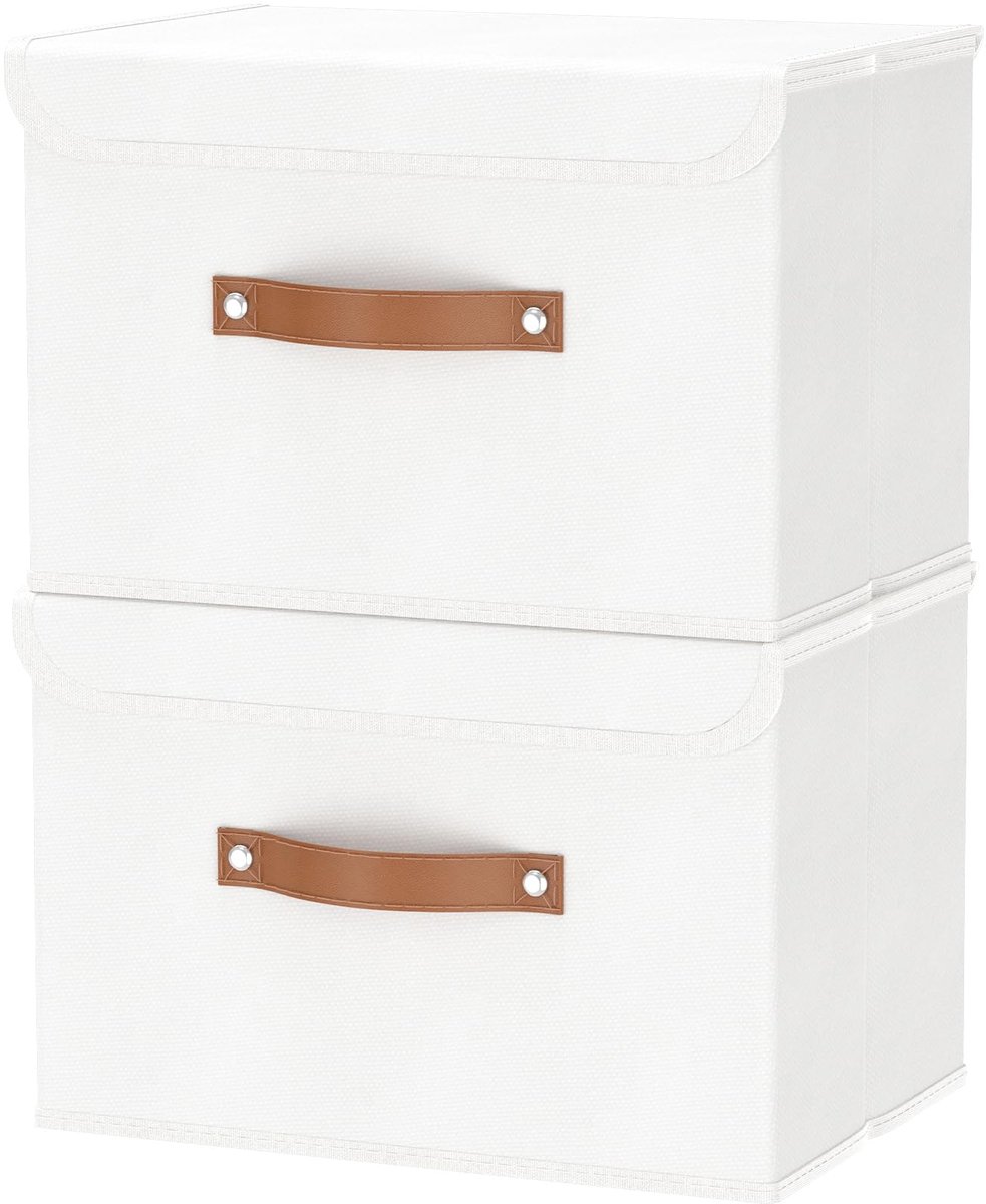 SnelShoppen - Opvouwbare Opbergdoos met Deksel, Linnen Stof, Kleding Plank Mand, Handdoeken, Kleding, 45x30x30 cm, Wit, 2-Pack voor Thuis, Kantoor, Ca