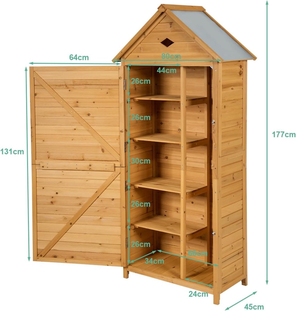 SnelShoppen - FANTASK Tuinkast 177 x 80 x 45 cm Hout, Weerbestendige Gereedschapsschuur met Zadeldak, Houten Tuinschuur en Gereedschapskast voor Tuin,