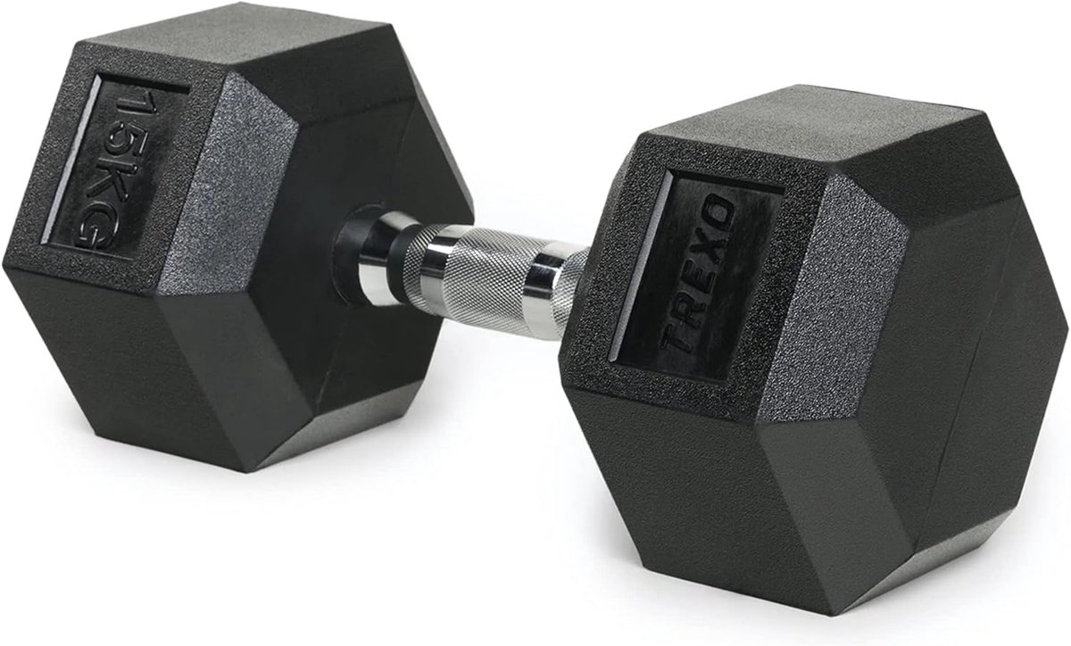 SnelShoppen - TREXO Hexagon Halters 15 kg - Korte Halters met Duurzaam Rubber Bekleed Gietijzer - Ergonomische Verchroomde Handgreep - Gewichten voor