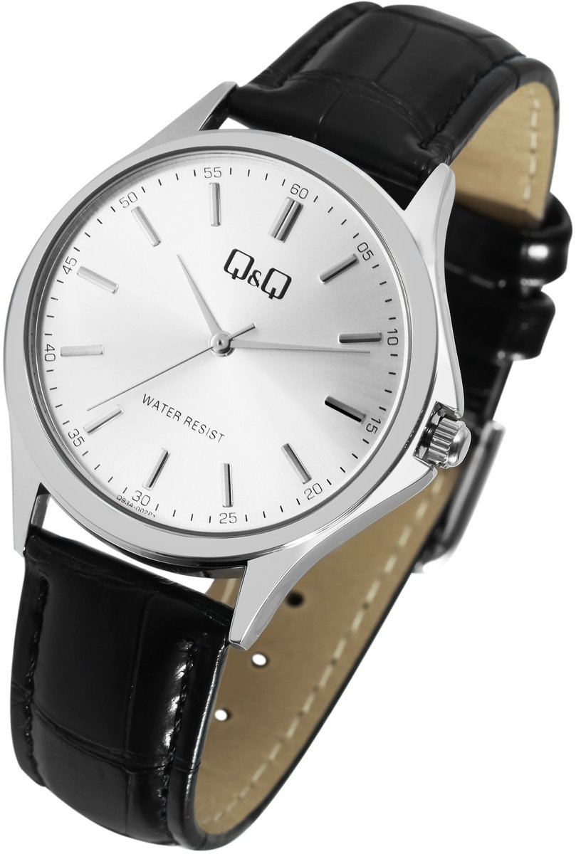 Q&Q Herenhorloge imitatieleer zilverkleurig, 3 ATM