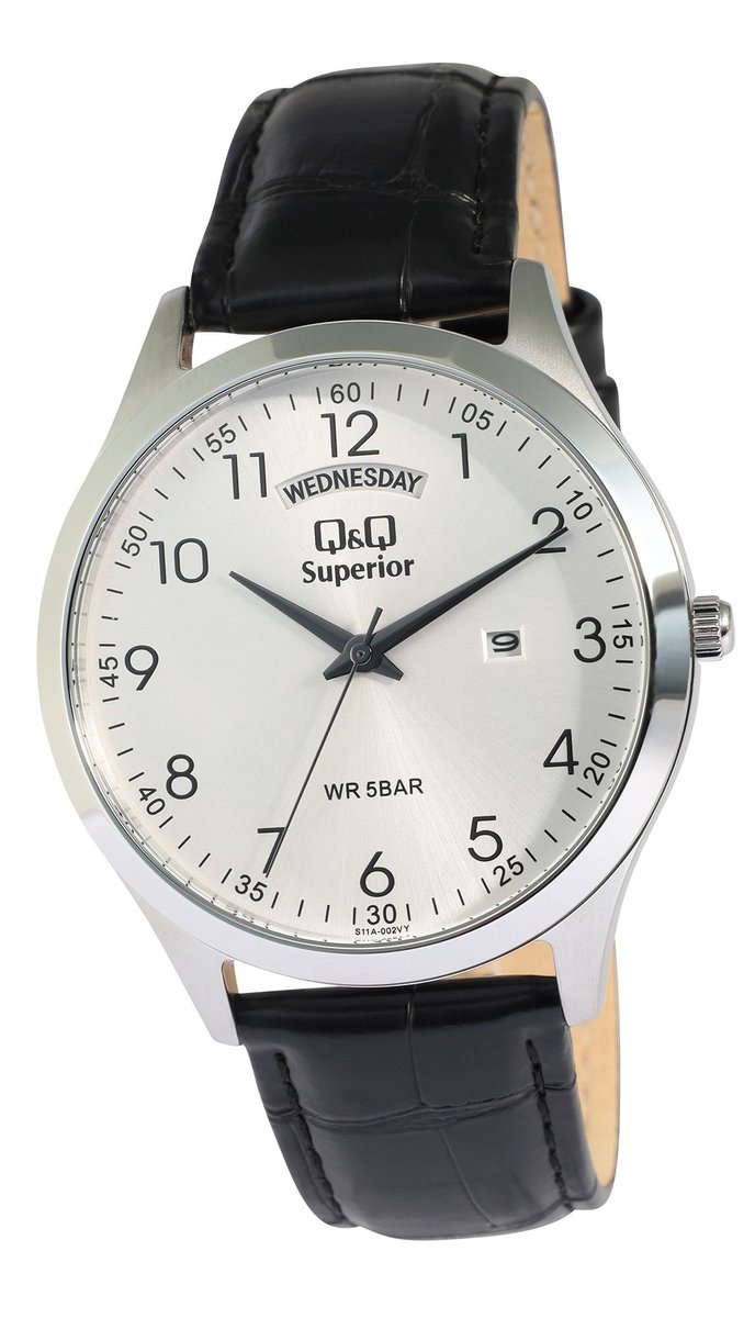 Q&Q Herenhorloge echt leer zilverkleurig, datumweergave