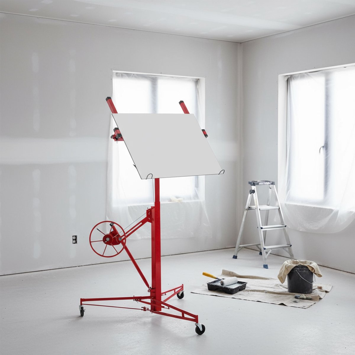 HAUSS SPOLE Platenlift – 140-350 Cm Werkhoogte – 68 Kg Draagvermogen – Staal – Rood – Kantelbaar Voor Wand- En Plafondmontage
