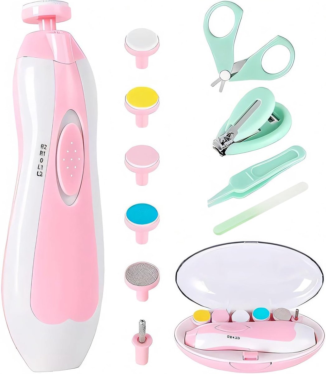 SnelShoppen - Elektrische Nageltrimmer voor Baby's, 12-in-1 Babynagelknipper, Veilige Babynagelvijlkit met Nagelknipper, Schaar, Pincet en Nagelvijlen